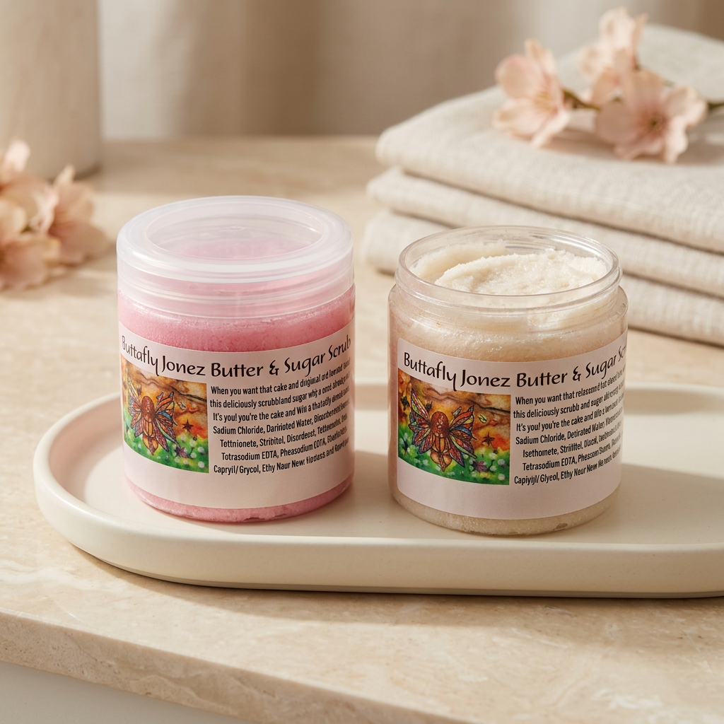 Butter and Sugar Scrub in a blush botanical spa setting