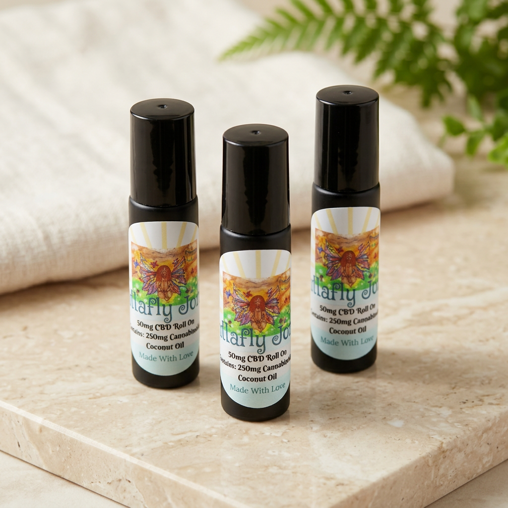 CBD roll-on oil bottles in a warm spa setting