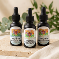 CBD tincture bottles in a warm spa setting