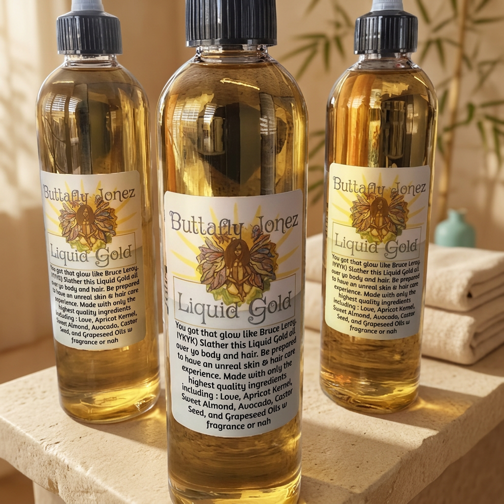 Liquid Gold Hair & Body Oil in a warm spa setting