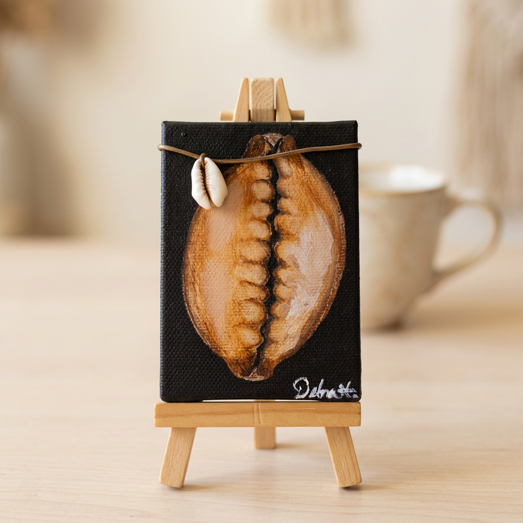 Tiny cowrie shell artwork on a miniature easel